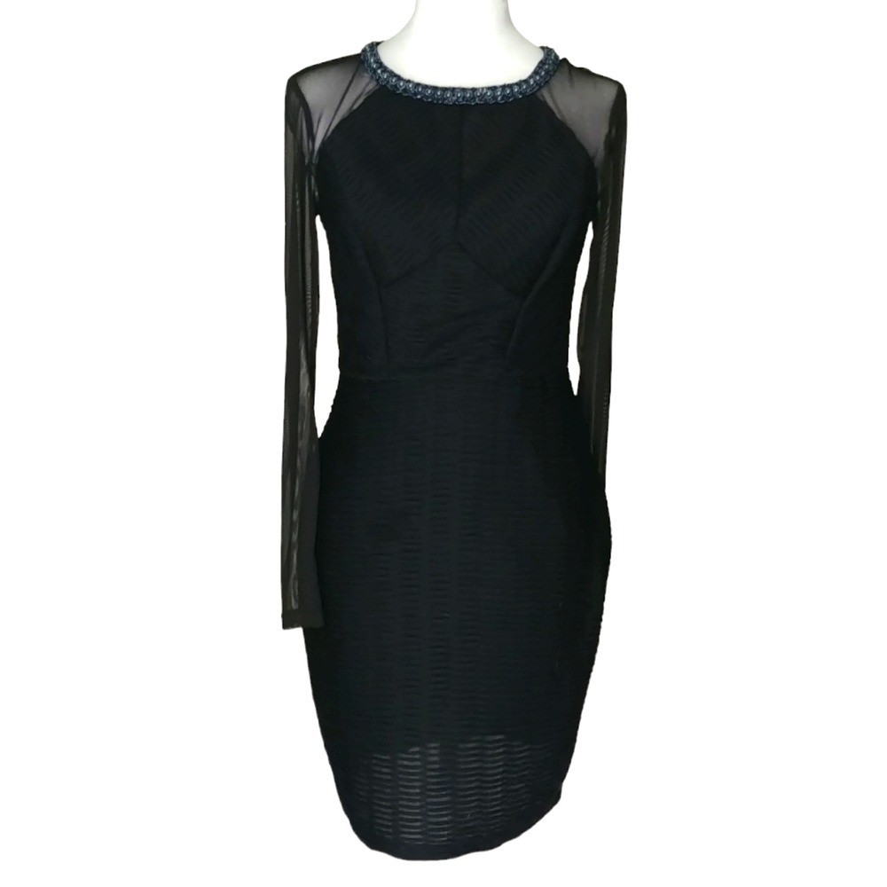 Donna Ricco Cocktail Dress Womens 2 Black Beaded Neck Mesh Sleeve 8403258M